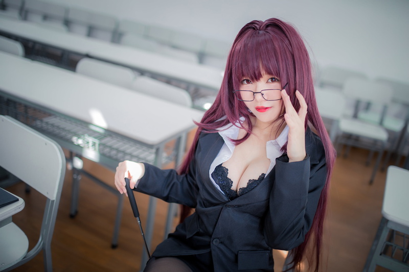 pantyhose, 2K, looking at viewer, women, model, purple hair, red lipstick, wigs, depth of field, glasses, teachers, cosplay, women indoors, indoors, classroom