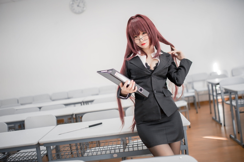 asian cosplayer, red lipstick, Yoko Cos, wigs, suits, glasses, looking at viewer, model, depth of field, women indoors, Asian, women, classroom, pantyhose