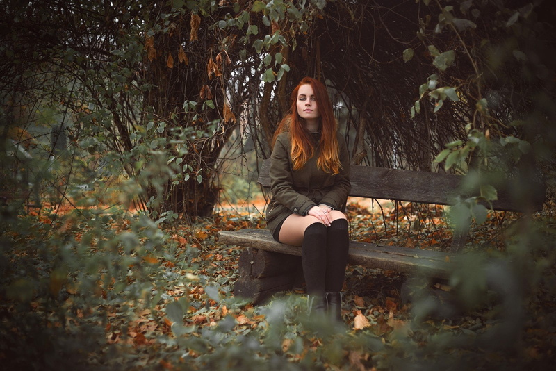 lifestyles, socks, teenager, contemplation, tree, one person, plant, bench, redhead, real people, leisure activity, women, looking away, knee-highs, 500px