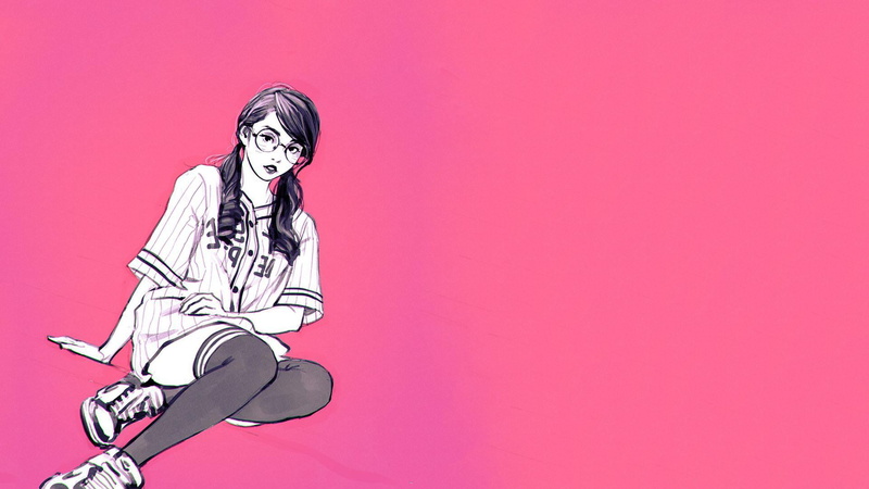 digital art, pink, round glasses, knee high socks, pigtails, sneakers, women, Ilya Kuvshinov, 1080P, glasses, drawn, knee-highs, jersey, sports jerseys