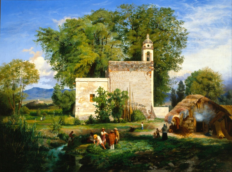plant, field, beautiful, trees, mountains, stream, livestock, animal themes, cattle, luis coto, artistry, country, painting, spring, water, countryside