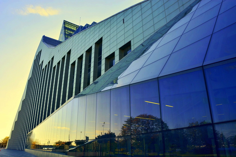 building exterior, national, glass - material, office, low angle view, riga, Reflections, sunlight, cityscape, modern, building, latvian, reflection, architecture