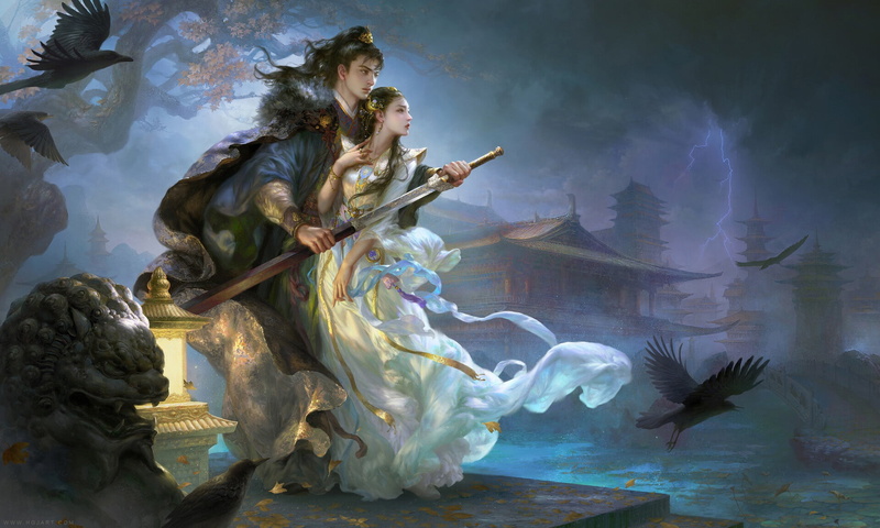 1080P, night, sword, lightning, Huang Guangjian, Celebrate years, fantasy, two, weapons, art