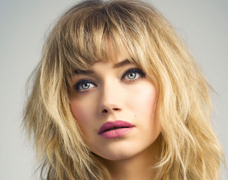 British, Imogen Poots, blue eyes, closeup, lipstick, blonde, actress, women, simple background, face, 720P