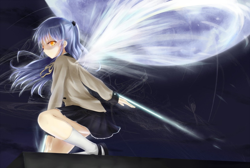 white hair, 720P, orange eyes, night, Tachibana Kanade, wings, angel, anime girls, school uniform, Angel Beats!, long hair, Moon