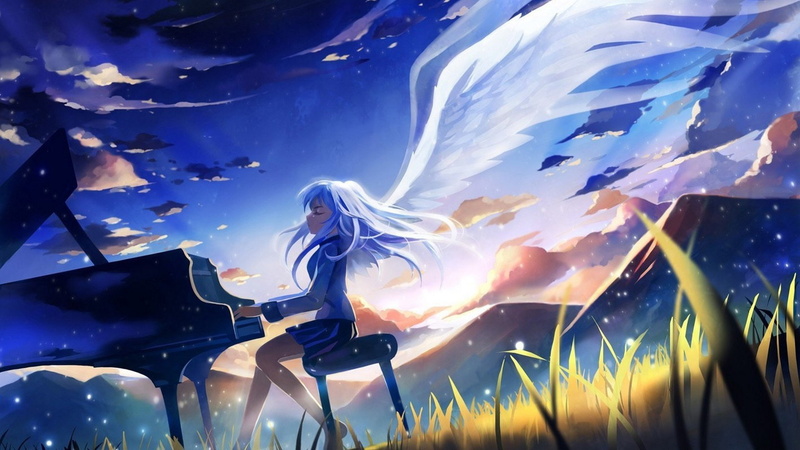 hair, angels, wings, girls, clouds, kanade, anime, white, 1080P, closed, piano, beats, mountains, angel, eyes, tachibana, long
