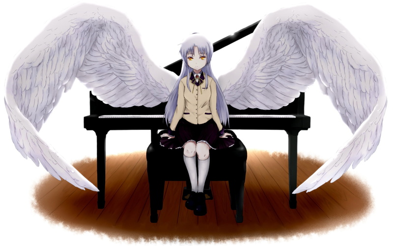 seifuku, wings, yellow, skirt, angel, kneehighs, white, kanade, beats, eyes, long, tachibana, instrument, 1080P, hair, piano