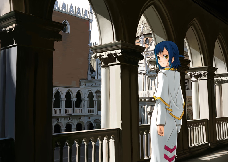 architecture, aria the animation, place of worship, architectural column, three quarter length, women, blue hair, Anime, day, built structure, aika s.