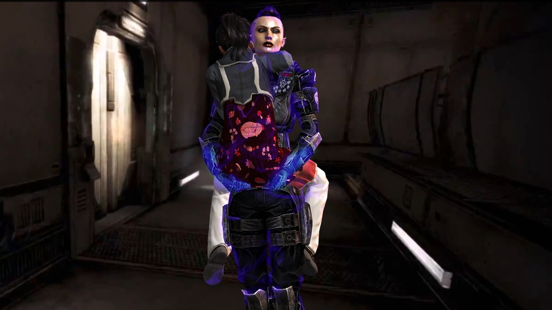 game, purple, full length, indoors, screenshot, real people, standing, casual clothing, adult, performance, Mass Effect, application, women, three quarter length