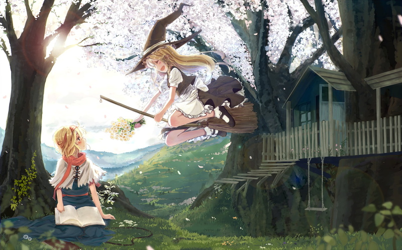 girls, margatroid, shaku, cherry, 1080P, touhou, alice, marisa, flowers, kirisame, blossoms, book, bou