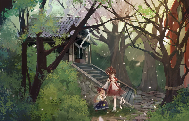cherry, crying, 1080P, brown, bou, girls, hair, blossoms, bow, touhou, suika, reimu, hakurei, tree, shaku, blonde, ibuki