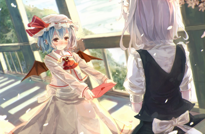 sakuya, blush, touhou, izayoi, shaku, girls, scarlet, yuri, petals, remilia, bou, 1080P