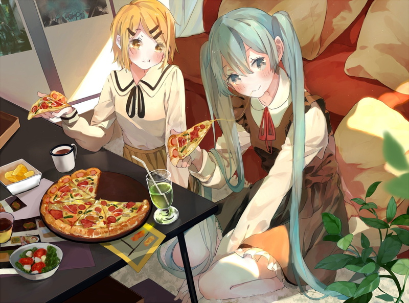 girls, miku, eyes, hair, hatsune, food, rin, leaves, bou, kagamine, 1080P, aqua, yellow, shaku, vocaloid, blonde, short, long, drink
