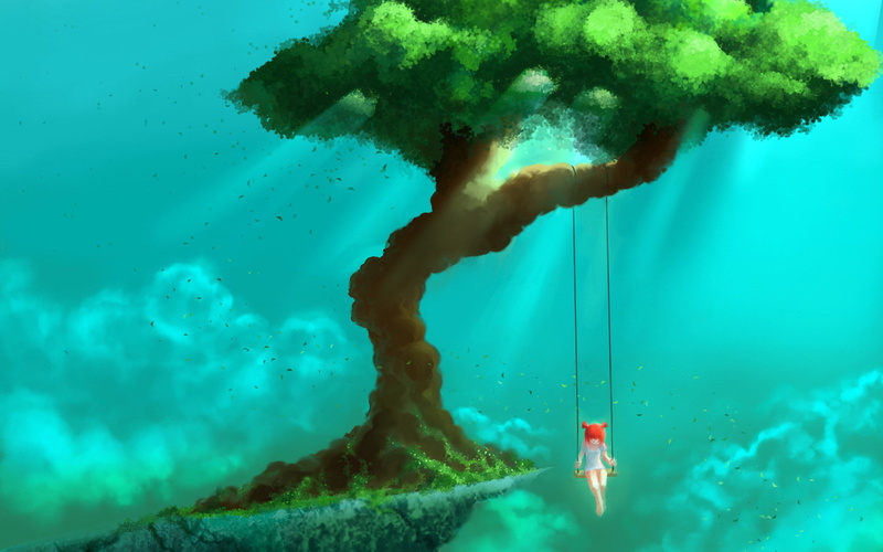 art, sunlight, fantasy, dream, situation, children, color, 1080P, landscapes, leaves, clouds, sunbeams, mood, airbrushing, artistic, sky, mountains, surreal