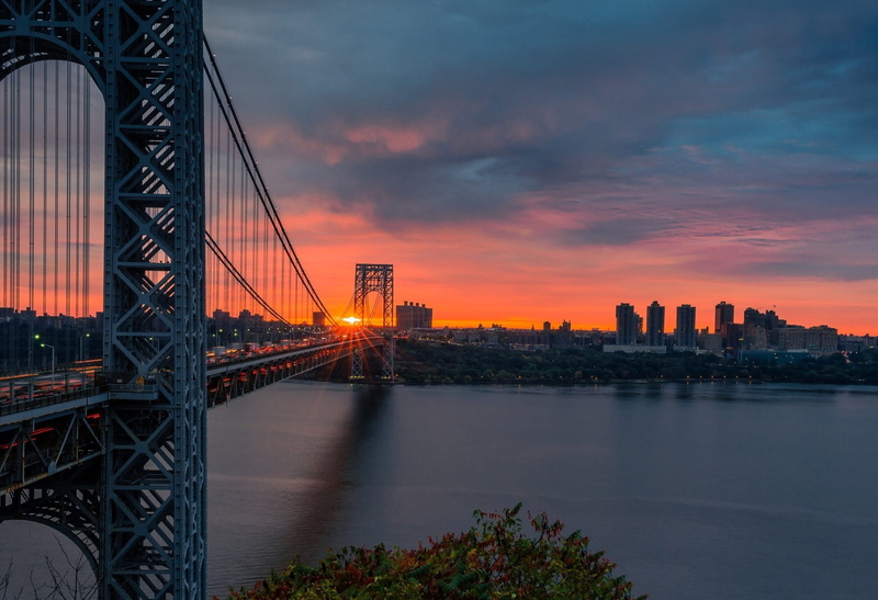 River, 1080P, Bridge, Bridges, New York, Sunset, USA, George Washington Bridge