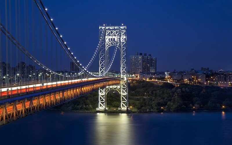 suspension bridge, the Hudson river, architecture, waterfront, river, illuminated, travel destinations, sky, bridge - man made structure, George Washington Bridge
