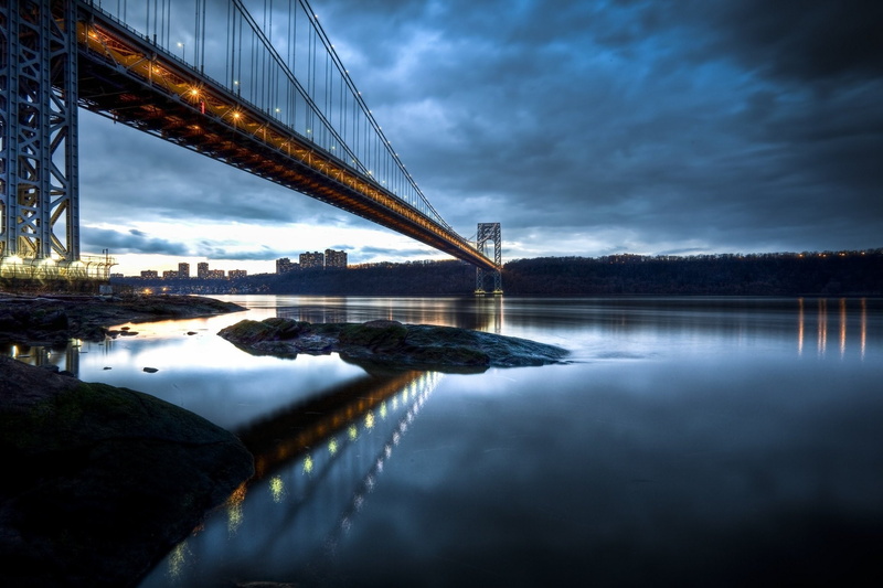 1080P, manhattan, reflection, river, hudson, bridge, washington, george, jersey