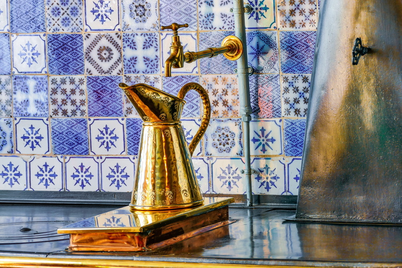 4K, copper, reflection, table, flooring, metal, antique, tile, still life, floral pattern, home interior, kitchen, wall - building feature, indoors, pitcher - jug