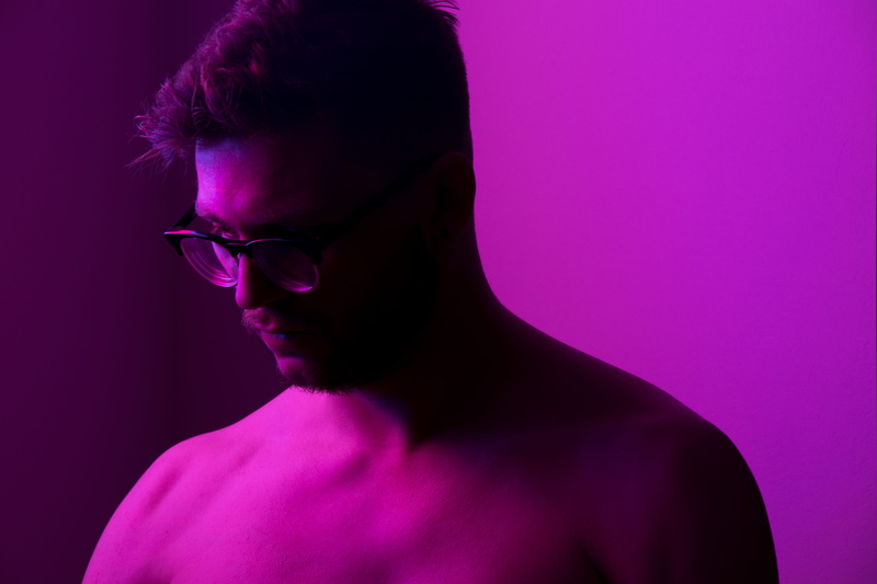 indoors, women, contemplation, light, eyeglasses, self, glasses, human face, man, standing, pink, adult, room, purple background, 5K, purple, beautiful woman