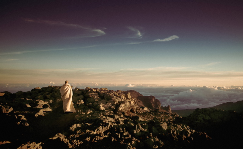 photography, rock - object, mountain, sculpture, sky, man, spiritual, sunset, rear view, white, rocky, standing, top, solid, tranquility, art and craft