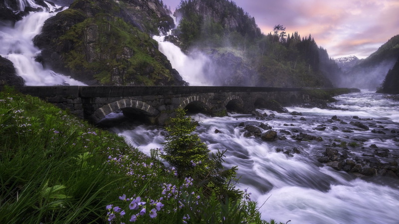 rocks, waterfall, waterfalls, Norway, illustration, Latets, mountains, flowers, Odda, 720P, river, Latefossen, bridge, cascade