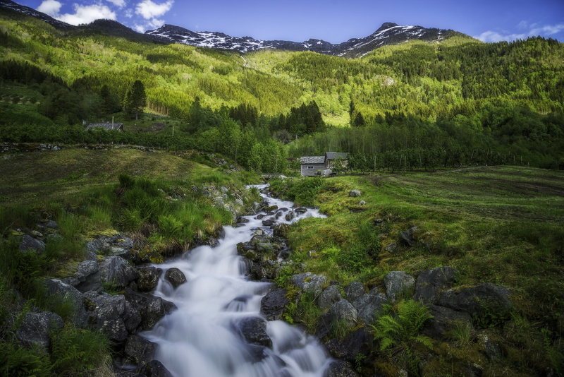 stream, The Hardangervidda, Give, Norway, trees, village, Odda, field, Hardangervidda, mountains, hut, 4K, Hardanger