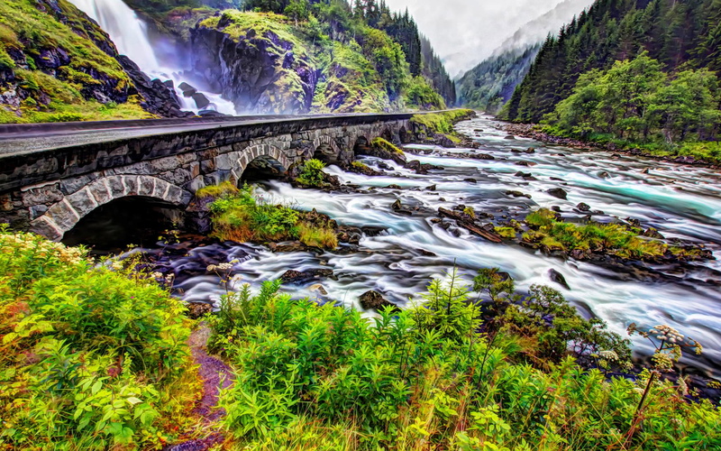 hd, stream - flowing water, outdoors, flowing, odda, mountain, hordaland, stone, nature, scenics - nature, tefossen, bridge, connection, bridge - man made structure