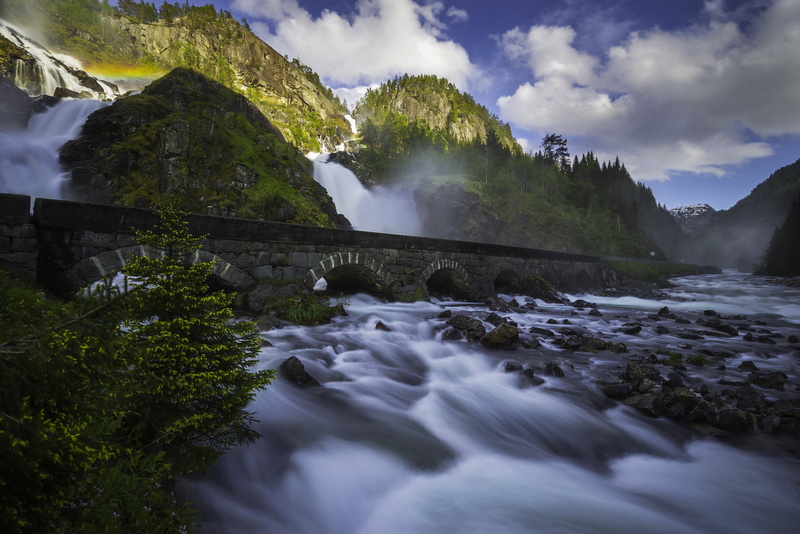 cascade, Norway, Latefossen, Latefoss, Give, river, Odda, mountains, rocks, stones, waterfall, 4K, bridge