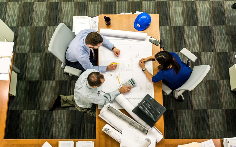 desk, high angle view, engineering, collaboration, architect, people, corporate business, males, computer, business, 4K, office, laptop, technology, design