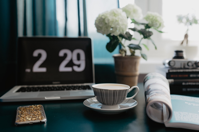 flower, coffee cup, plant, desk, drink, time, technology, reading, vase, entrepreneur, coffee - drink, connection, mug, workspace, break, computer, magazine