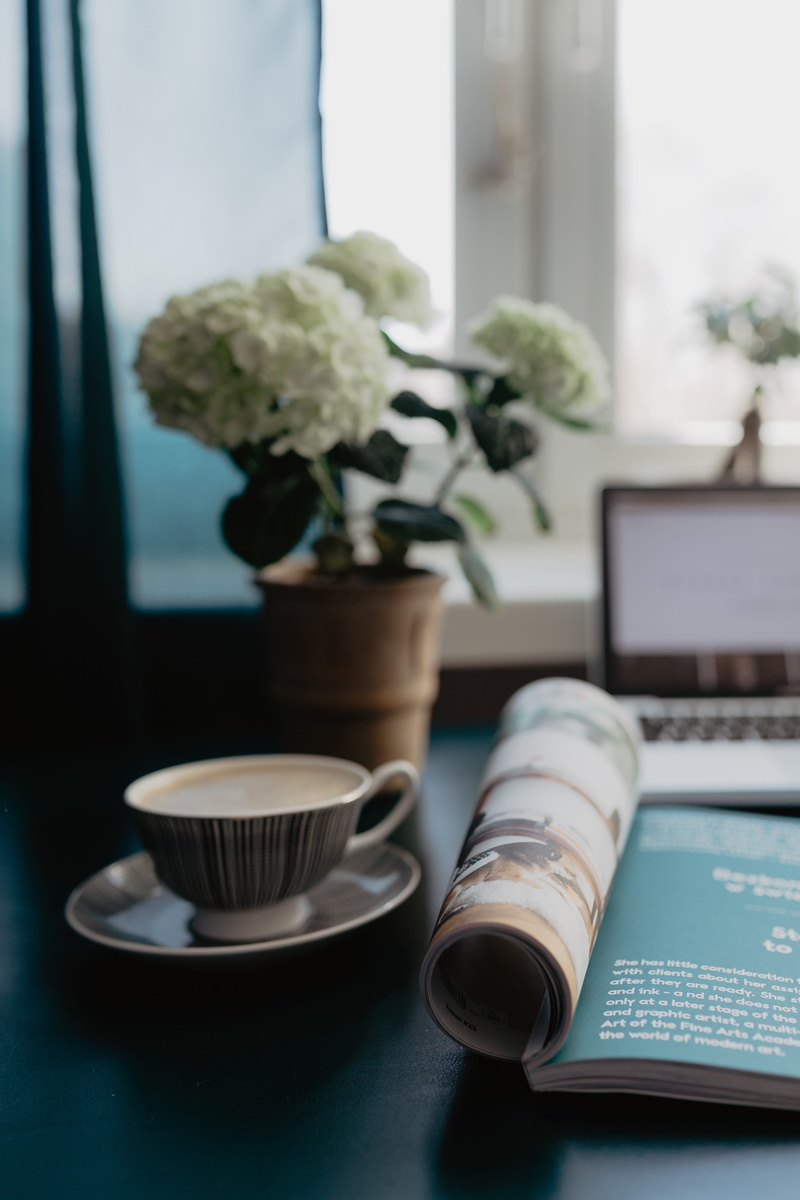 flower, magazine, pause, break, 5K, no people, book, time, entrepreneur, cup, tea cup, coffee - drink, food and drink, mug, focus on foreground, day, desk