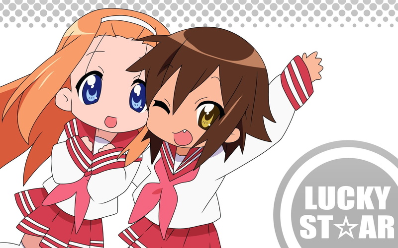 talking, western script, Lucky Star, Minegishi Ayano , two people, flag, striped, Kusakabe Misao , business person, women, text, anime, emotion, creativity