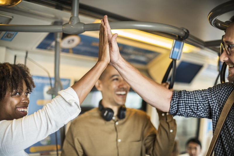 greeting, emotion, 4K, african american, standing, giving, transportation, adult, people, hands, women, friends, high five, group, train, meeting, happiness