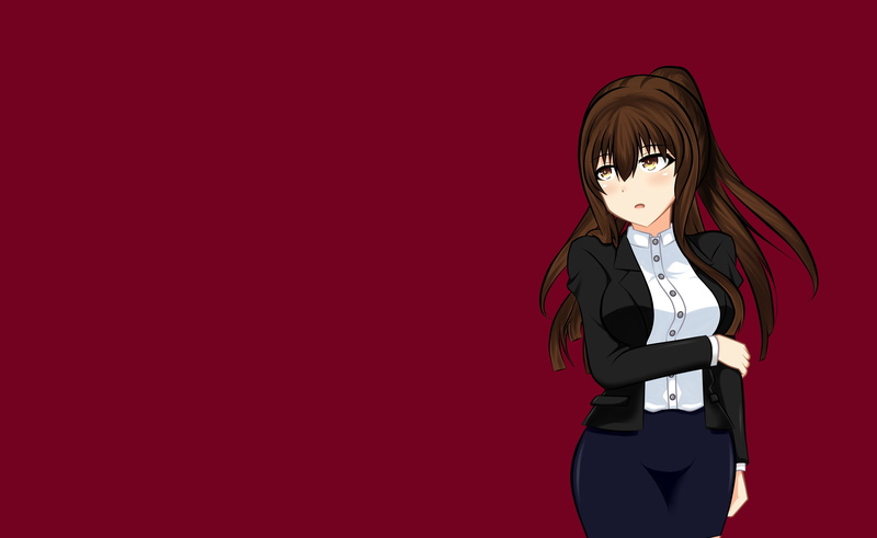 child, females, women, Date A Live, 4K, clothing, Mio Kuromori, copy space, waist up, studio shot, yellow eyes, business suit, brunette, superhero, simple background