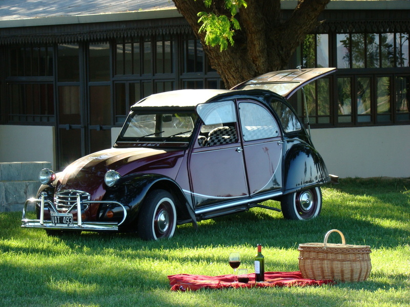 mode of transportation, outdoors, building exterior, built structure, citroen 2cv, grass, land vehicle, vintage car, day, nature, toy, motor vehicle, architecture