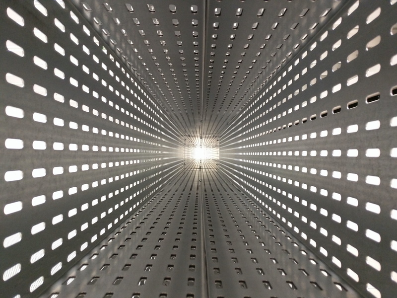 repetition, light at the end of the tunnel, day, no people, directly below, diminishing perspective, building, architecture, metal, geometric shape, centro cívico