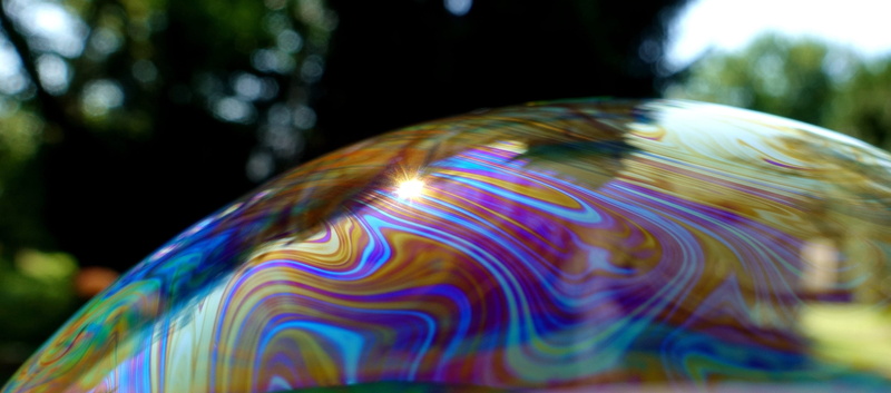 outdoors, abstract, sphere, selective focus, tree, colorful, multi colored, focus on foreground, shiny, motion, color, soap bubble, blurred motion, vibrant color