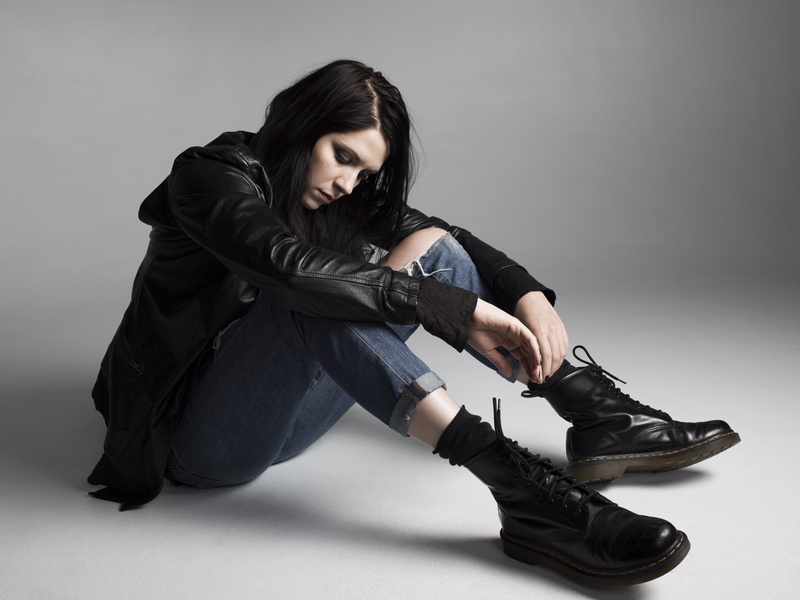leather jacket, hair, casual clothing, adult, hairstyle, full length, shoe, beautiful woman, indoors, women, leather, beauty, K.Flay, clothing, studio shot