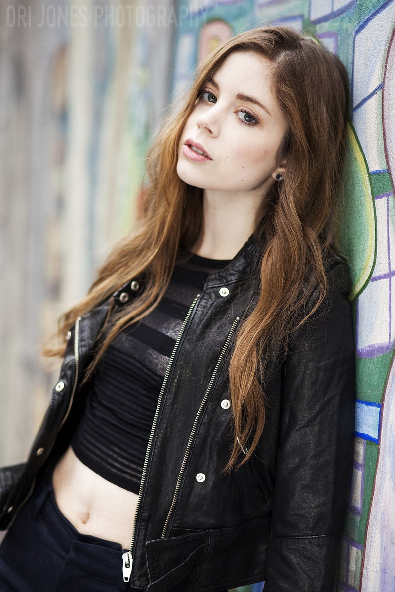 women, black jackets, 1080P, urban, blue eyes, women outdoors, looking at viewer, long hair, Charlotte Hope, belly, actress, hair covering eyes, brunette