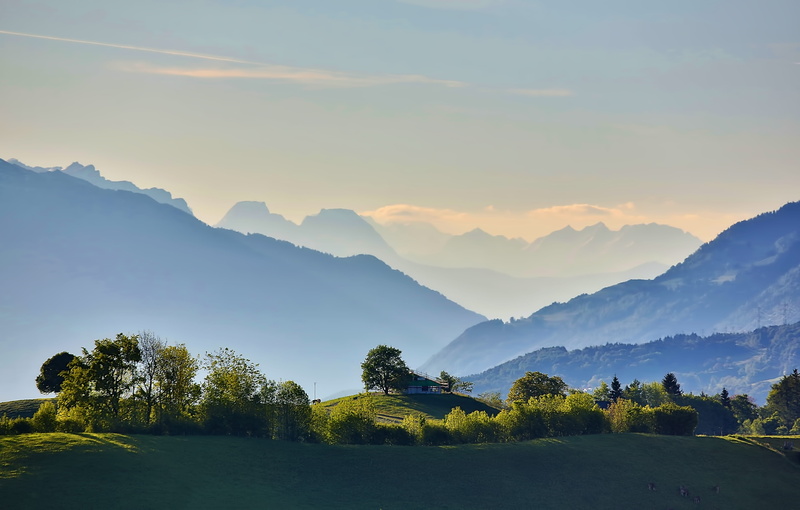 green, plant, tranquility, house, mountain peak, landscape, scenics - nature, growth, hirzel, idyllic, tree, farm, tranquil scene, non-urban scene, mountain range