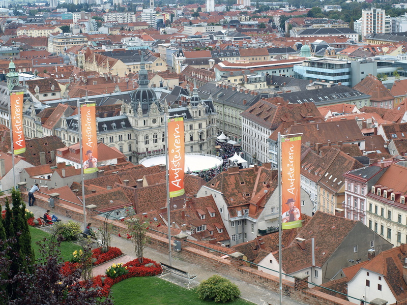 building exterior, high angle view, travel destinations, roof, built structure, nature, house, 2K, city, styria, austria, building, day, street, crowded