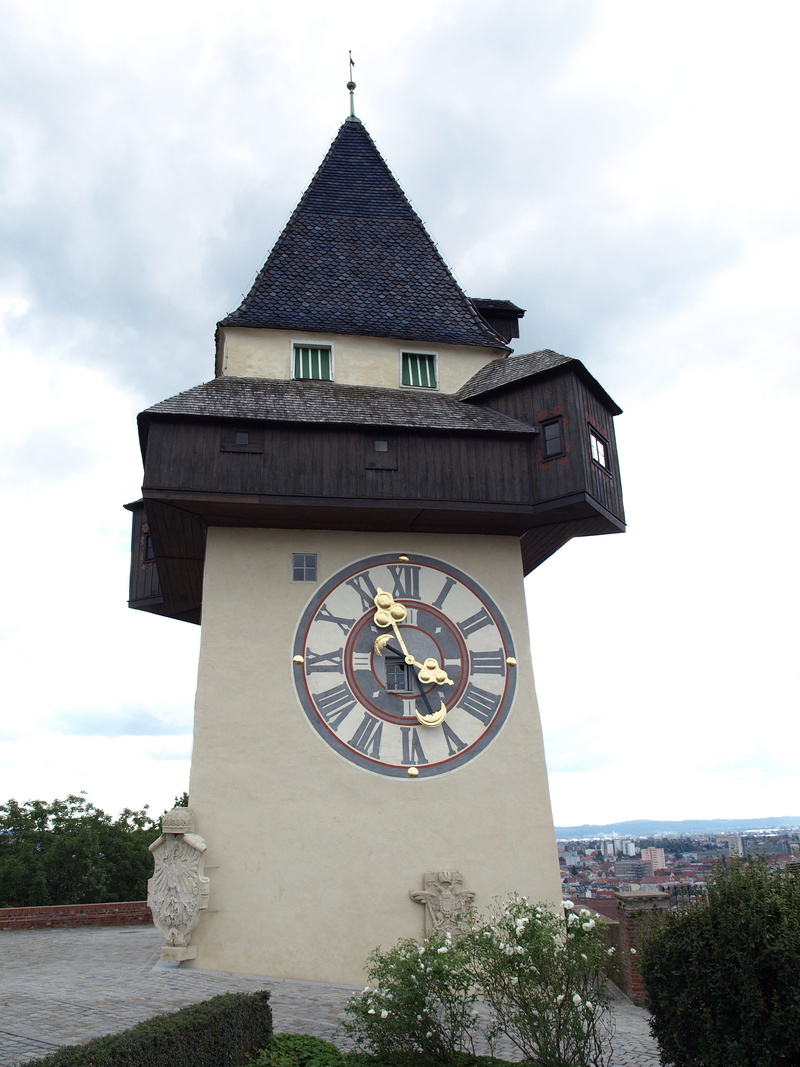 day, tree, roman numeral, austria, tourism, time, building, minute hand, travel destinations, schlossberg, graz, 2K, outdoors, tower, clock face, sky