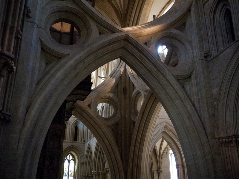 indoors, 2K, architectural column, gothic style, ornate, low angle view, wells cathedral, the past, architectural feature, ceiling, belief, no people