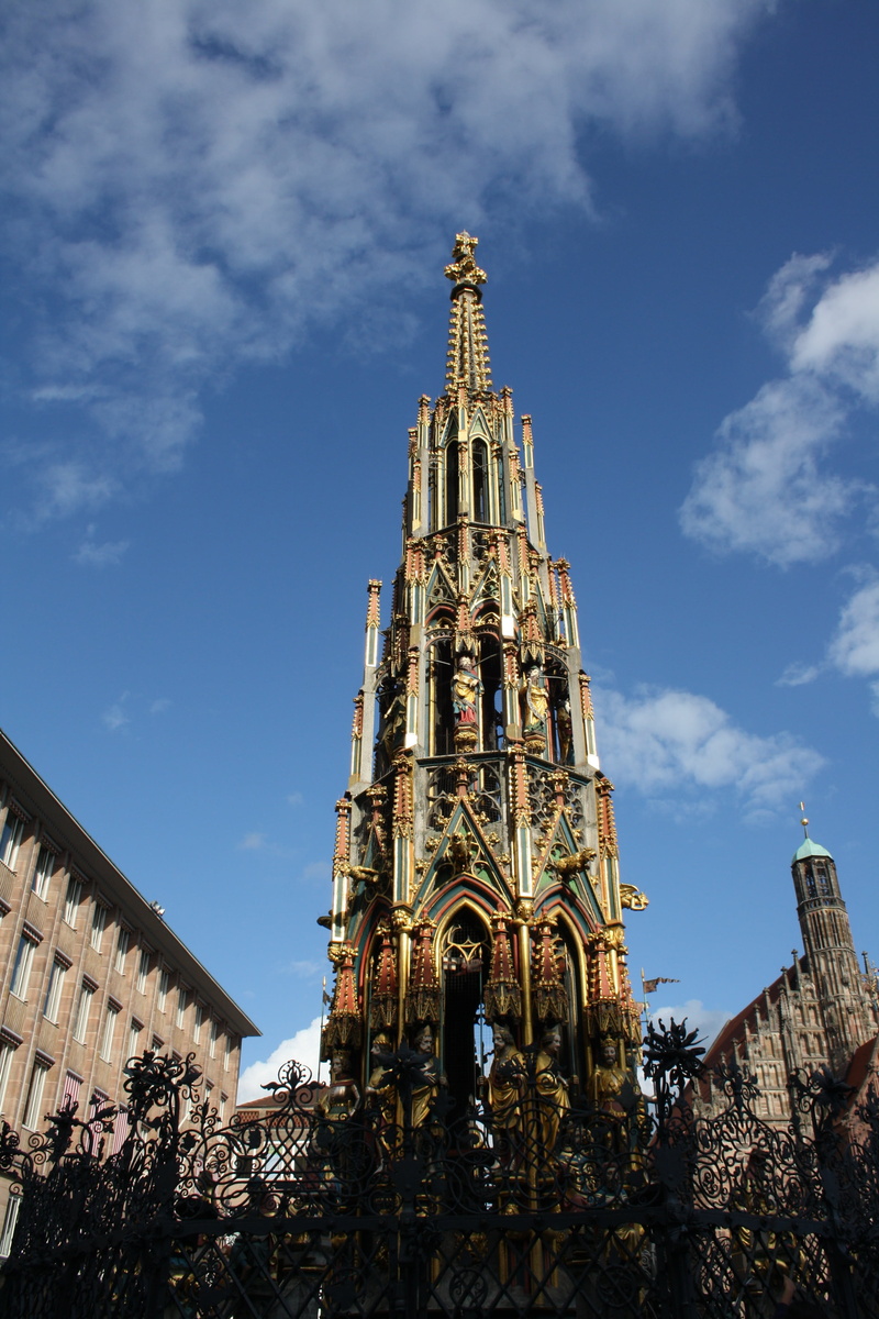 religion, gothic, architecture, travel destinations, cloud - sky, building exterior, gothic Style, wishing well, sky, belief, building, nature, day, nuremberg