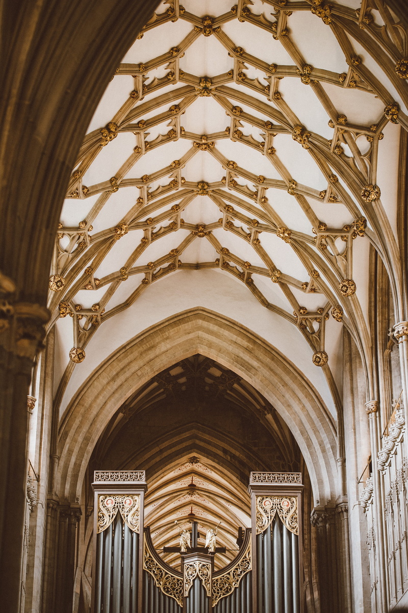 design, building, spirituality, cathedral, organ, wells, religion, day, arch, arched, architecture, ceiling, place of worship, architectural column, low angle view