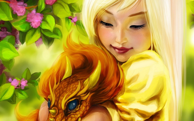 dragon, arte, Rubia, 1080P, Mujer