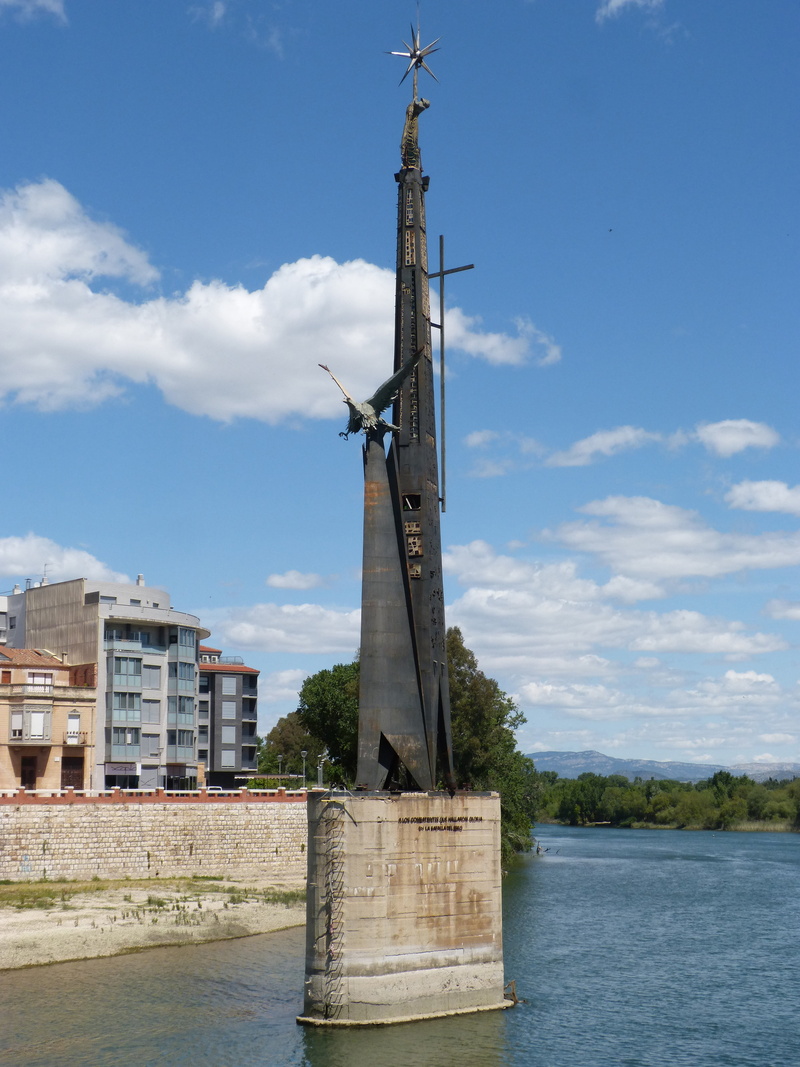 religion, day, river, building exterior, blue, controversy, water, outdoors, representation, building, waterfront, built structure, 4K, nature, memorial battle of the ebro