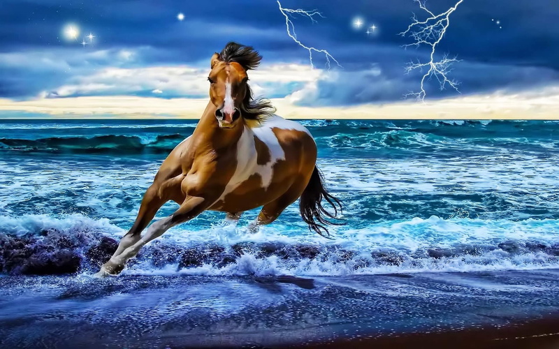 1080P, horse, runaway, thunder, clouds, 3d and abstract, lightning