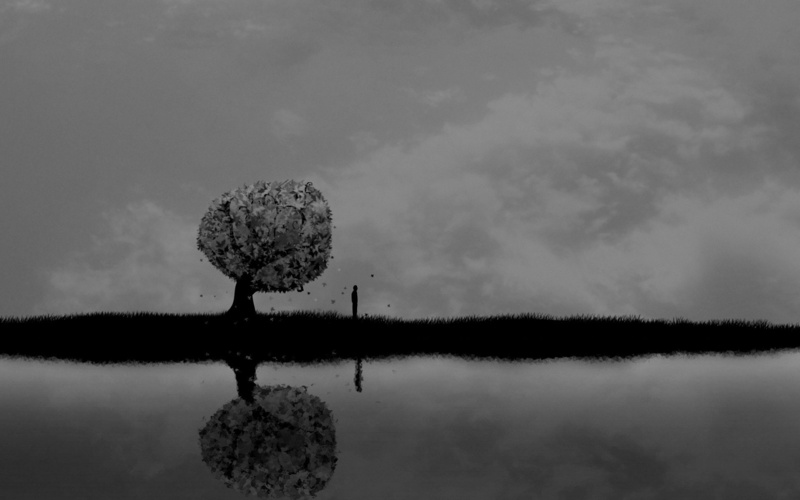 Sad, horror, mood, lakes, People, Dark, sky, clouds, art, reflection, vector, sorrow, Alone, 1080P, Trees