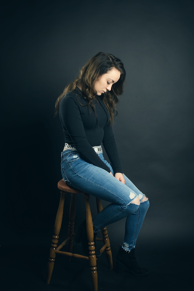 alone, unhappy, contemplation, emotion, portrait, young women, seat, studio shot, womens, grim, cut out, indoors, stool, depression - sadness, long hair